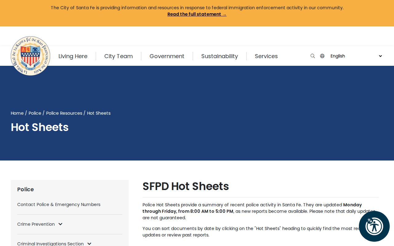 Santa Fe Police Hot Sheets official arrest record page