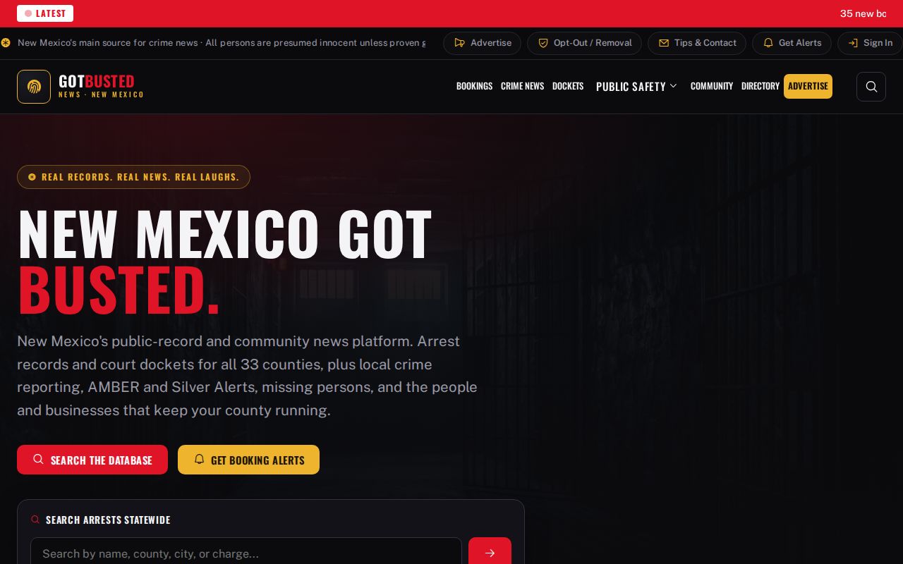 GotBusted News website shown as an unofficial New Mexico-wide publisher