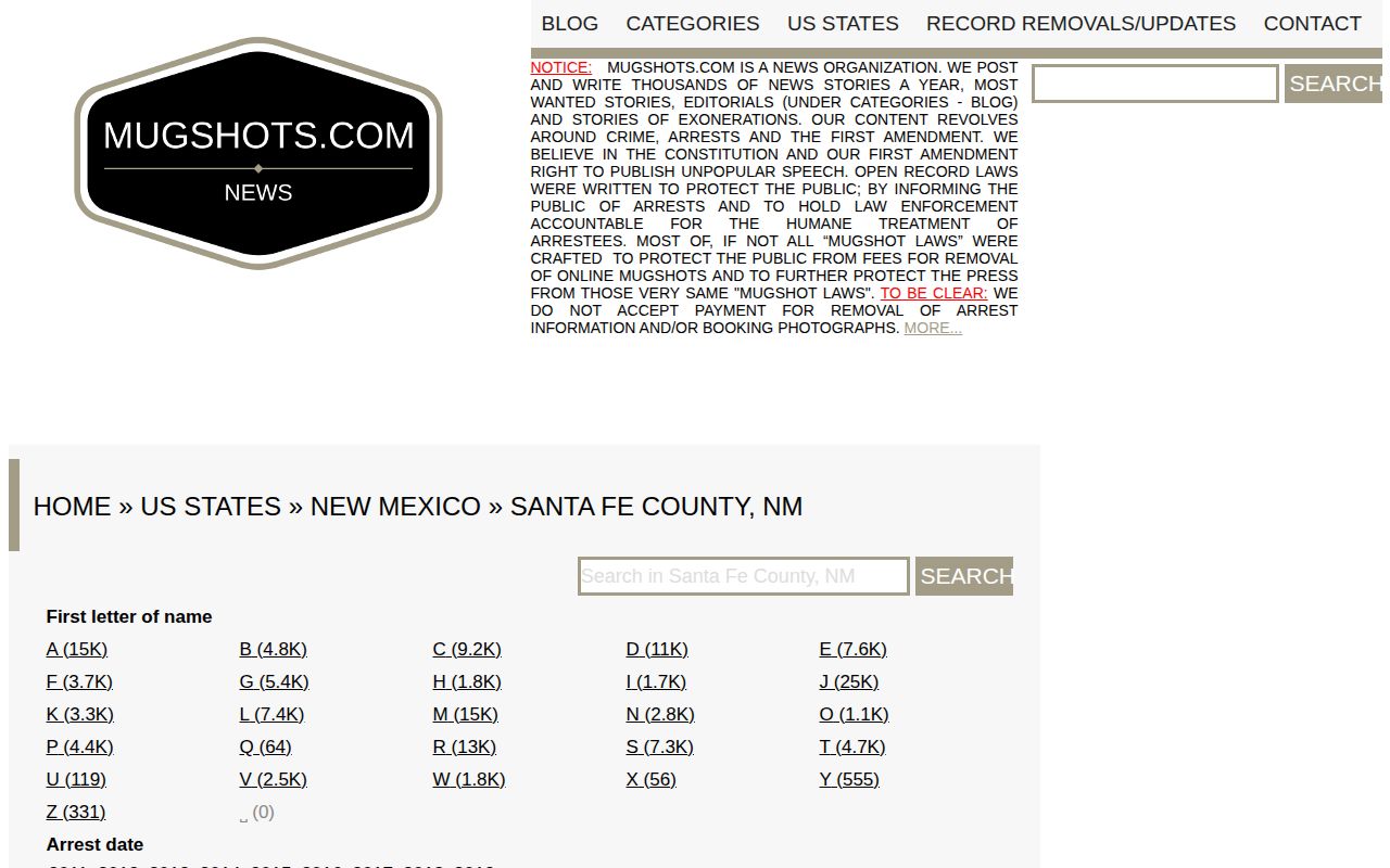 Mugshots.com Santa Fe County historical archive shown as an unofficial secondary source