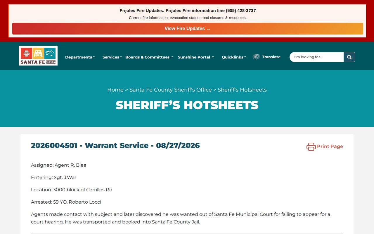 Santa Fe County Sheriff Hotsheets arrest and incident record source